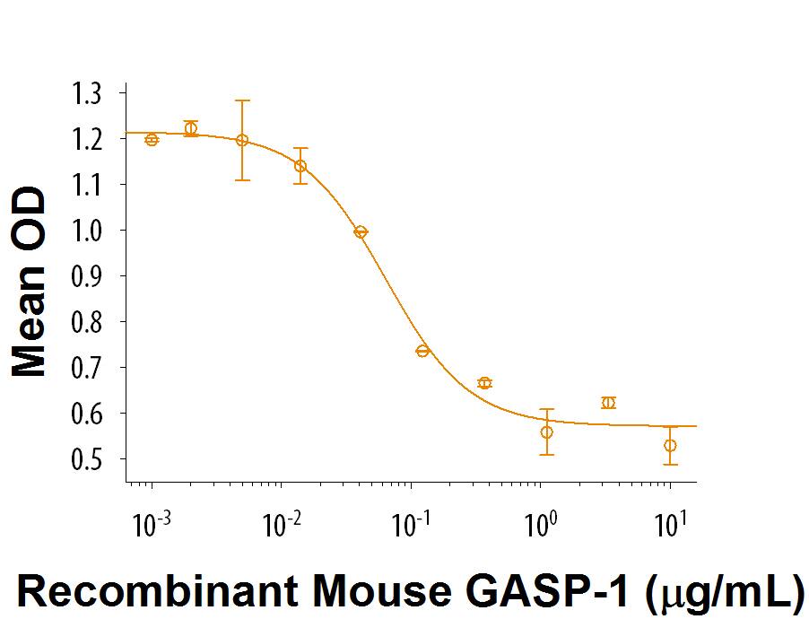 Recombinant Mouse GASP-1/WFIKKN2 (Catalog # 9956-GS/CF) dose dependently inhibits Recombinant Human/Mouse/Rat GDF-8/Myostatin (Catalog # 788-G8) activity in the K562 human chronic myelogenous leukemia cell line. The ED50 for this effect is 0.02-0.12 µg/mL.