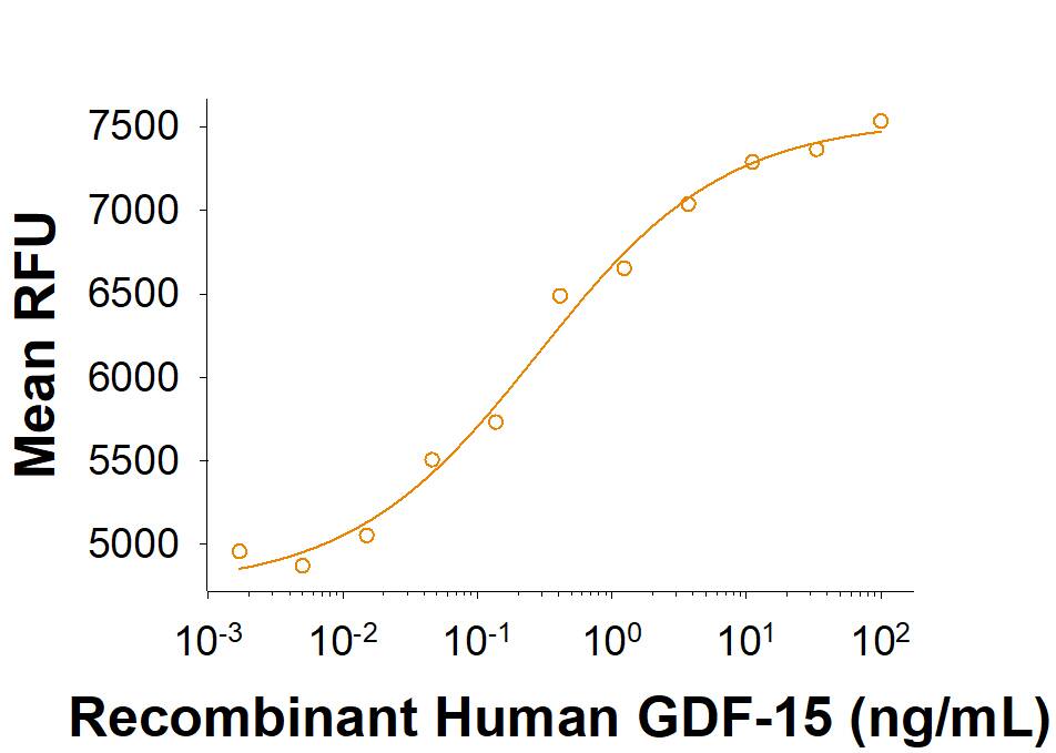Recombinant Human GDF-15 (Catalog # 8146-GD/CF) activates SRE-SEAP reporter in HEK293 human embryonic kidney cells transfected with human c-Ret and human GFRAL. 