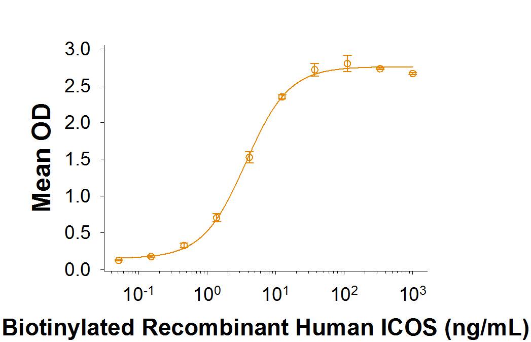 When Recombinant Human B7-H2 Fc Chimera Recombinant Human B7-H2 Fc Chimera (Catalog # 165-B7) is immobilized at 0.1 µg/mL (100 µL/well), Biotinylated Recombinant ICOS Fc Chimera (Catalog # BT169) binds with an ED50 of 1-6 ng/mL.