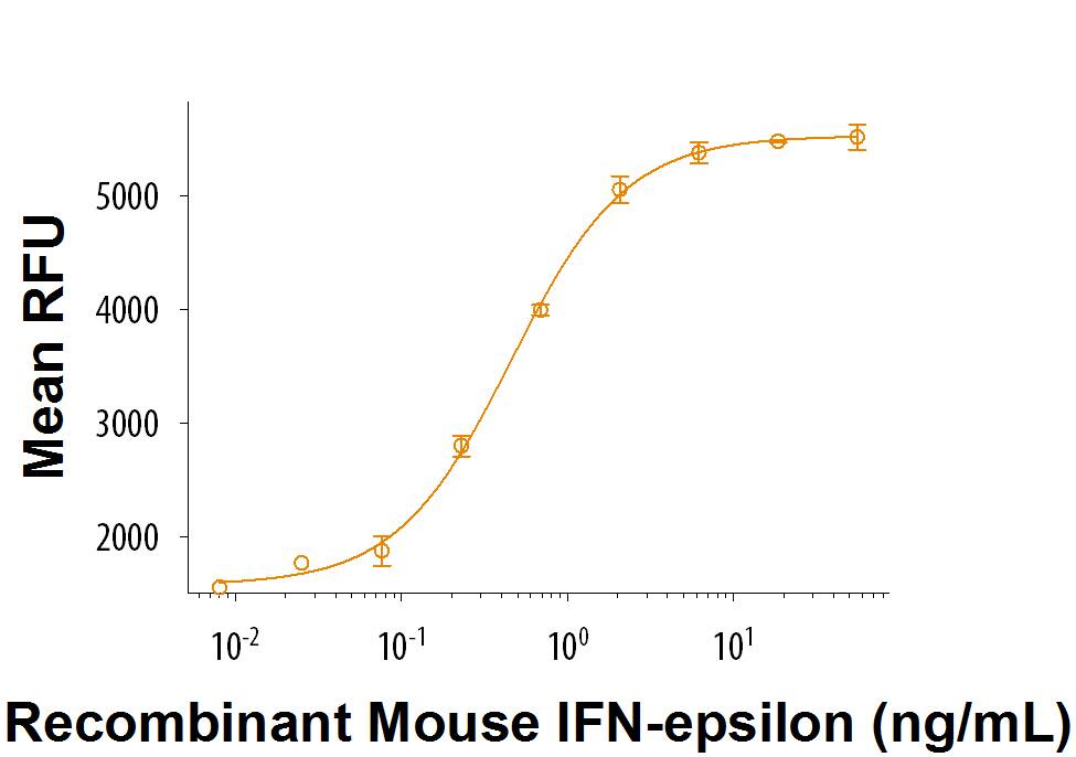 Recombinant Mouse IFN-epsilon (Catalog # 9147-ME/CF) demonstrates anti-viral activity in L‑929 mouse fibroblast cells infected with encephalomyocarditis (EMC) virus. The ED50 for this effect is 6.00-60.0 ng/mL.