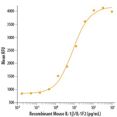 Recombinant Mouse IL-1 beta /IL-1F2 (Catalog # 401-ML/CF) stimulates cell proliferation of the D10.G4.1 mouse helper T cell line. The ED50 for this effect is 2‑10 pg/mL.