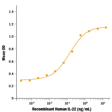 Recombinant Human IL-22 (Catalog # 782-IL/CF) induces IL-10 secretion in the COLO 205 human colorectal adenocarcinoma cell line. The ED50 for this effect is 60-300 pg/mL.
