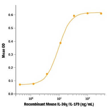 Recombinant Mouse IL-36 gamma /IL-1F9 (aa 13-164) (Catalog # 6996-IL) induces IL-6 secretion in the NIH‑3T3 mouse embryonic fibroblast cell line. The ED50 for this effect is 3-18 ng/mL.