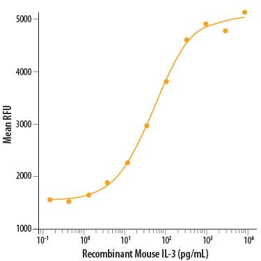 Recombinant Mouse IL-3 (Catalog # 403-ML) stimulates cell proliferation of the NFS-60 mouse myelogenous leukemia lymphoblast cell line. The ED50 for this effect is 20-100 pg/mL.