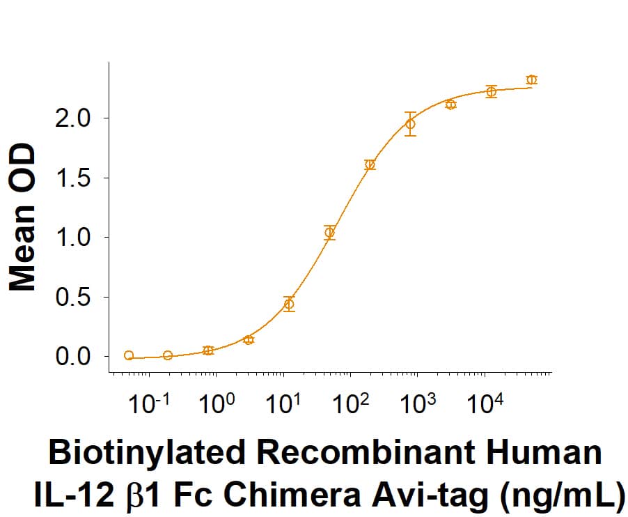 When Recombinant Human IL-12 (Catalog # 219-IL) is immobilized at 1 µg/mL (100 µL/well), the concentration of Biotinylated Recombinant Human IL-12  beta 1 Fc Chimera Avi-tag (Catalog # AVI10382) that produces 50% of the optimal binding response if found to be approximately 15-90 ng/mL.