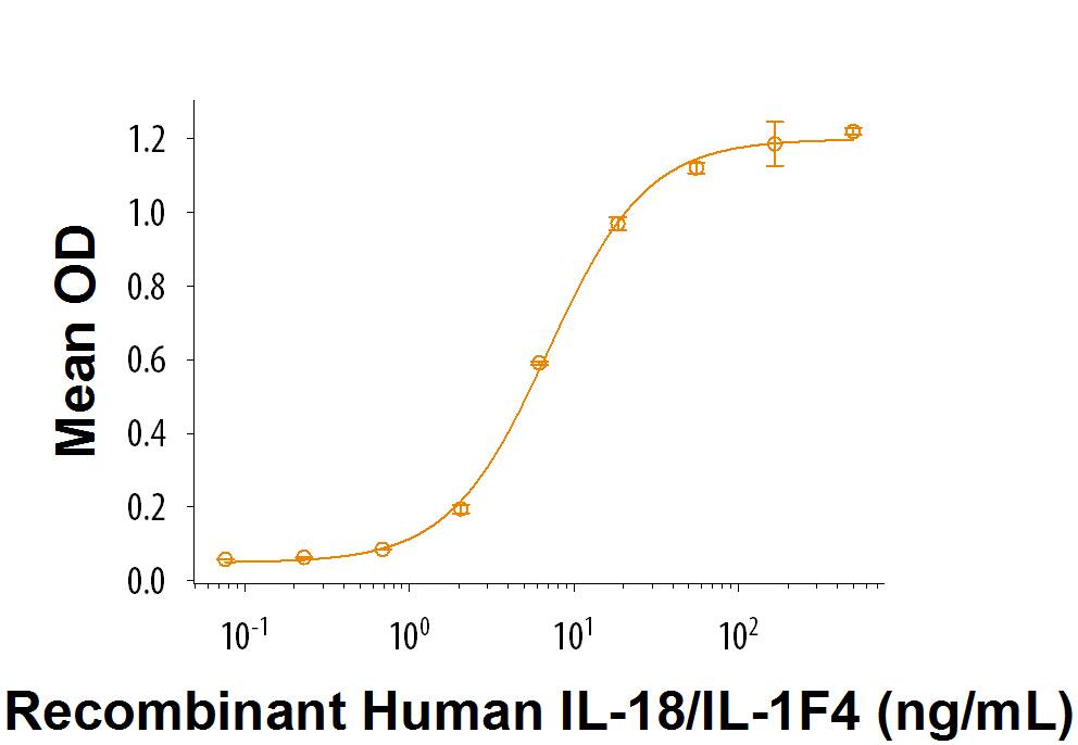 Recombinant Human IL-18 (Catalog # 9124-IL/CF) induces IFN-gamma  secretion by KG‑1 human acute myelogenous leukemia cells. The ED50 for this effect is 1.5-9 ng/mL.