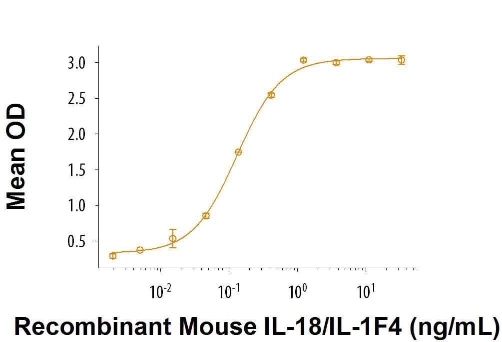 Recombinant Mouse IL-18/IL-1F4 (Catalog # 9139-IL) induces IFN gamma  secretion by activated mouse T cells. The ED50 for this effect is 0.06-0.36 ng/mL.