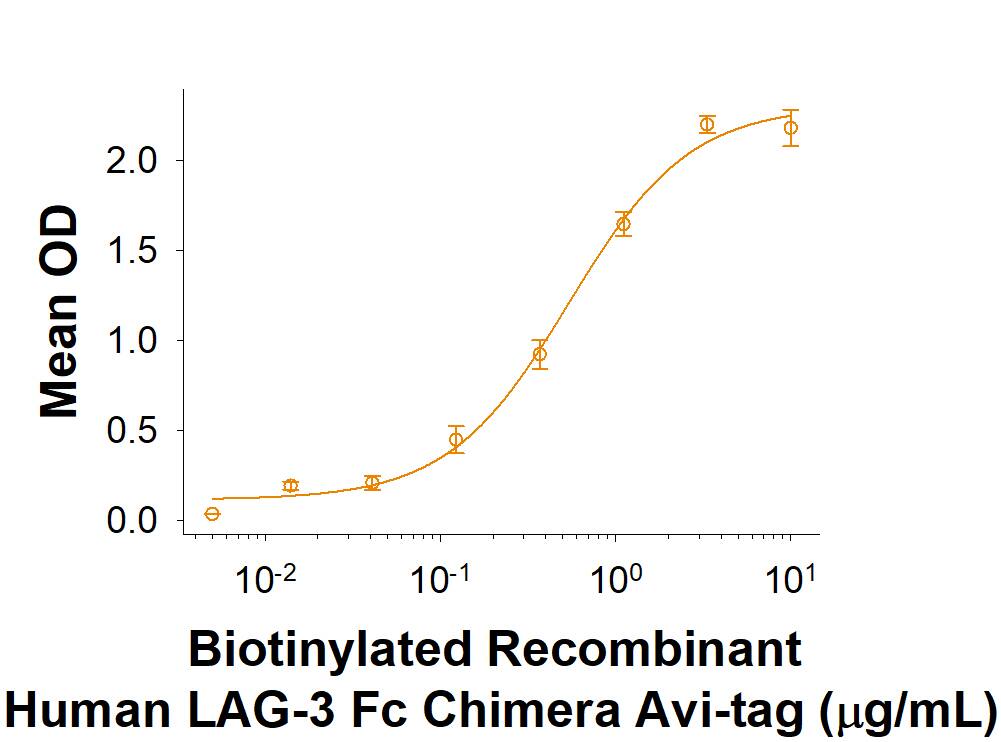 When Recombinant Human Hepassocin/FGL1 His-tag (Catalog # 10285-HE) is immobilized at 1 µg/mL (100 µL/well), the concentration of Recombinant Human LAG-3 Fc Chimera Avi-tag that produces 50% of the optimal binding response is 0.1-0.6 µg/mL.