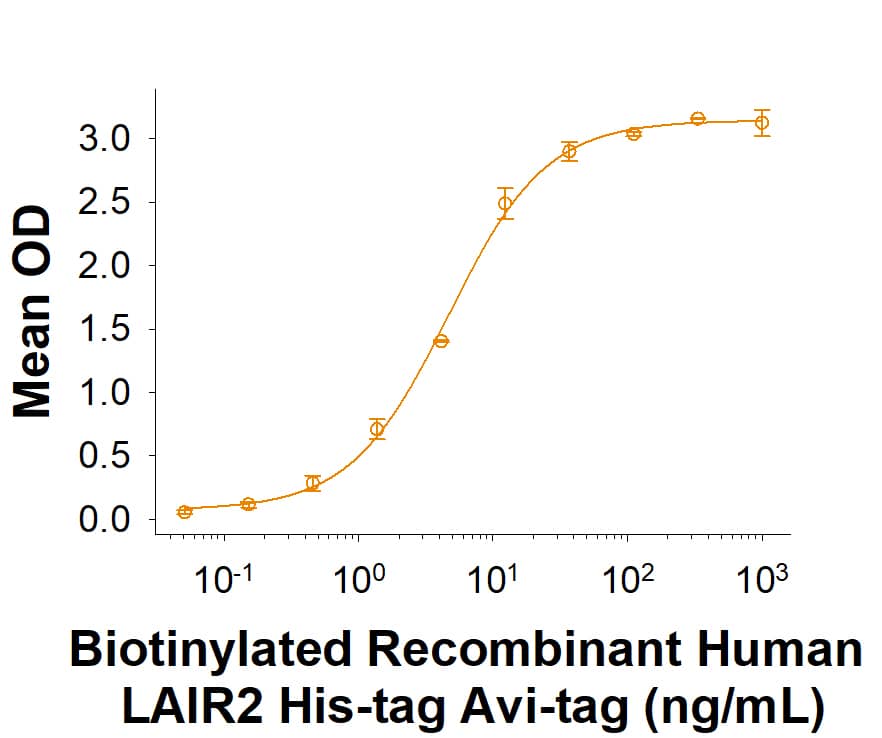 When Bovine Collagen I is coated at 10 µg/mL, 100 μL/well, Recombinant Human LAIR2 His-tag Avi-tag (Catalog # AVI2665) binds with an ED50 of 0.75-6 ng/mL.