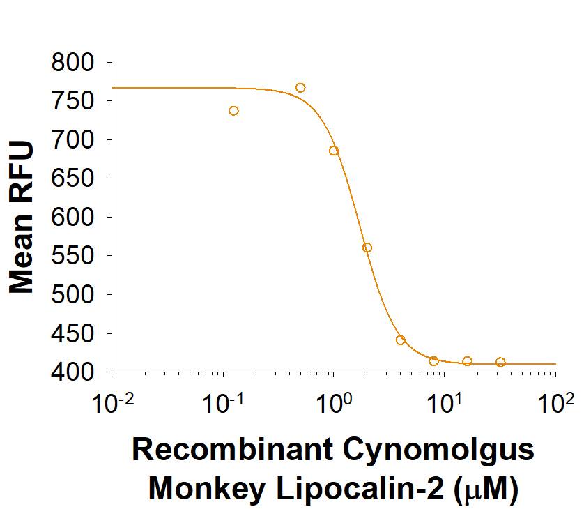 Recombinant Cynomolgus Monkey Lipocalin-2 (Catalog # 2357-LC) is measured by its ability to bind Iron(III) dihydroxybenzoic acid.