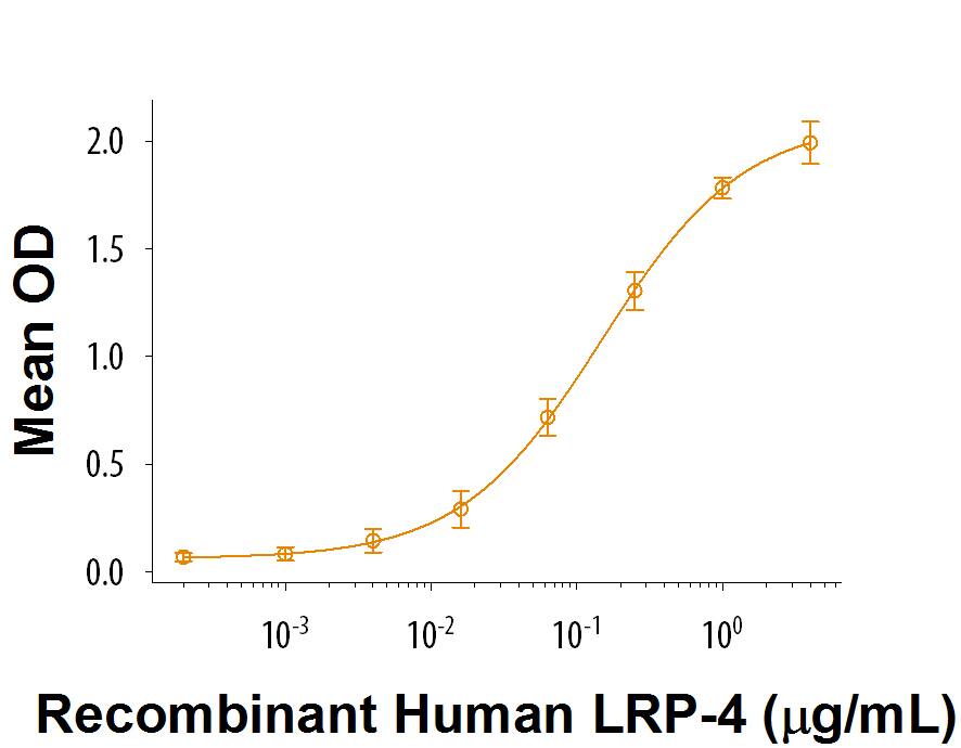 When Recombinant Rat MuSK Fc Chimera (Catalog # 9847-MK) is coated at 2 µg/mL, Recombinant Human LRP-4 (Catalog # 5948-LR) binds with an ED50 of 0.06-0.3 µg/mL in the presence of Recombinant Rat Agrin (Catalog # 550-AG).