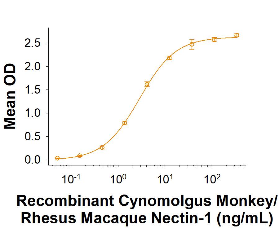 When Recombinant Human Nectin-3 (Catalog # 3064-N3) is immobilized at 1 µg/mL (100 µL/well), Recombinant Cynomolgus Monkey/Rhesus Macaque Nectin-1 Fc Chimera (Catalog # 10287-N1) binds with an ED50 of 2.5-20 ng/mL.