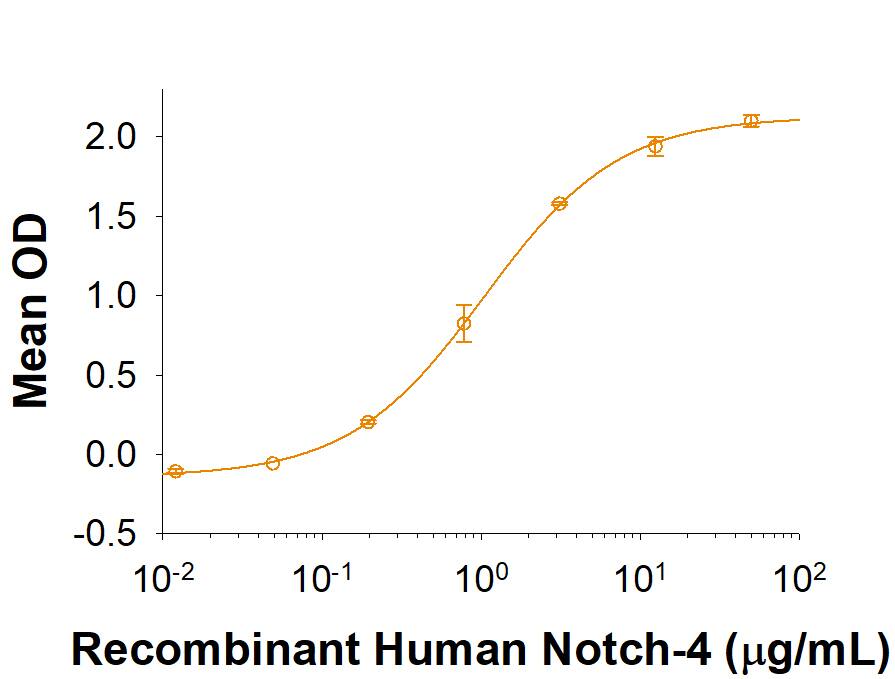 When Recombinant Human DLL4 (Catalog # 1506-D4) is immobilized at 2 ug/mL, Recombinant Human Notch-4 Fc Chimera (Catalog # 9909-NT) binds with an ED50 of 0.5-2.5 µg/mL.