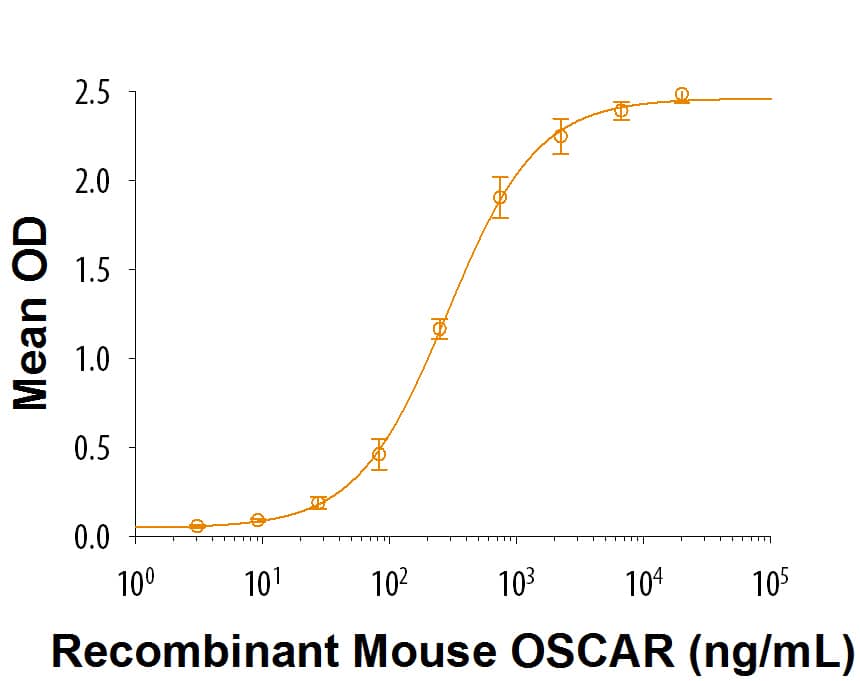 When Bovine College I is coated at 10 µg/mL, Recombinant Mouse OSCAR Fc Chimera binds with an ED50 of 80-640 ng/mL.