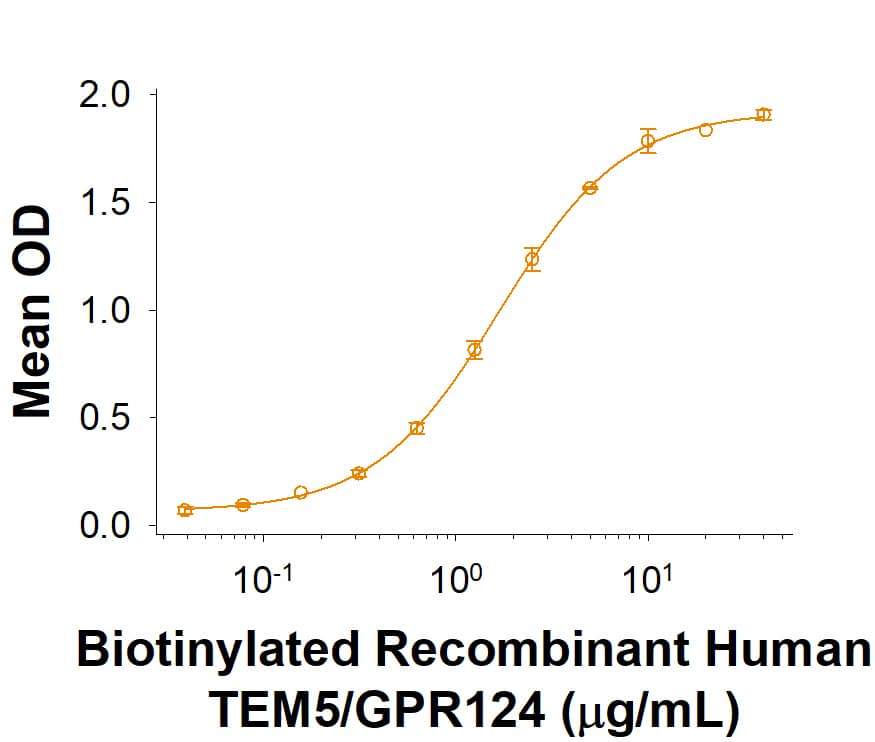 When Recombinant Human RECK His-tag (Catalog # 10236-RE) is immobilized at 2 μg/mL (100 μL/well), Biotinylated Recombinant Human TEM5/GPR124 His-tag binds with an ED50 of 0.7-4.9 μg/mL.