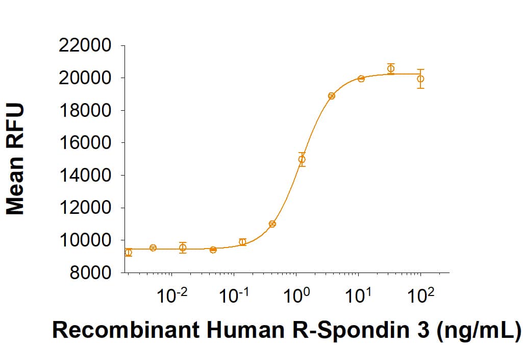 Recombinant Human R-Spondin 3 (Catalog # 3500-RS/CF), in the presence of Recombinant Mouse Wnt 3a (Catalog # 1324-WN; 5 ng/mL), induces activation of beta-catenin in HEK293T cells measured using the Topflash assay. The ED50 for this effect is 0.5-2.0 ng/mL.