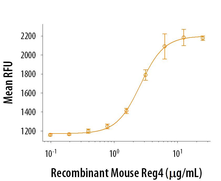 Immobilized Recombinant Mouse Reg4 (Catalog # 4780-RG) stimulates proliferation of HCT‑116 human colorectal carcinoma cells under low serum conditions. The ED50 for this effect is 2-10 µg/mL.