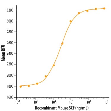 Recombinant Mouse SCF/c-kit Ligand (Catalog # 455-MC/CF) stimulates cell proliferation of the TF-1 human erythroleukemic cell line. The ED50 for this effect is 2.5-10 ng/mL.