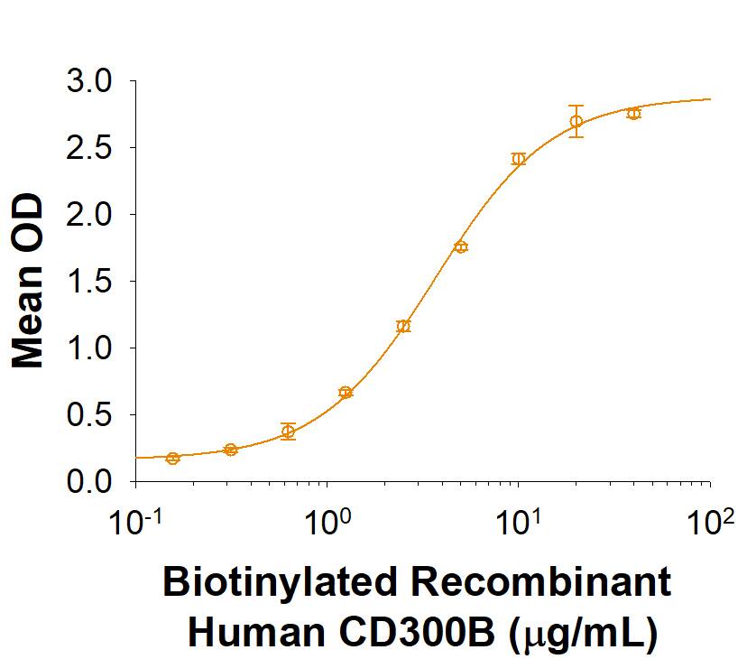 When Recombinant Human SIRP beta 2 Fc Chimera (Catalog # 9998-SB) is immobilized at 1 µg/mL, Biotinylated Recombinant CD300B/LMIR-5 Fc Chimera binds with an ED50 of 2-10 μg/mL.