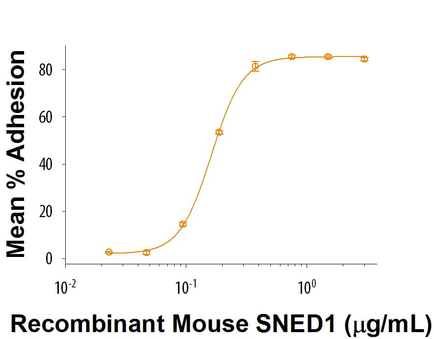 Immobilized Recombinant Mouse SNED1 (Catalog # 9335-SN) supports the adhesion of CCD-1070Sk human normal skin fibroblasts The ED50 for this effect is 0.1-0.4 μg/mL.