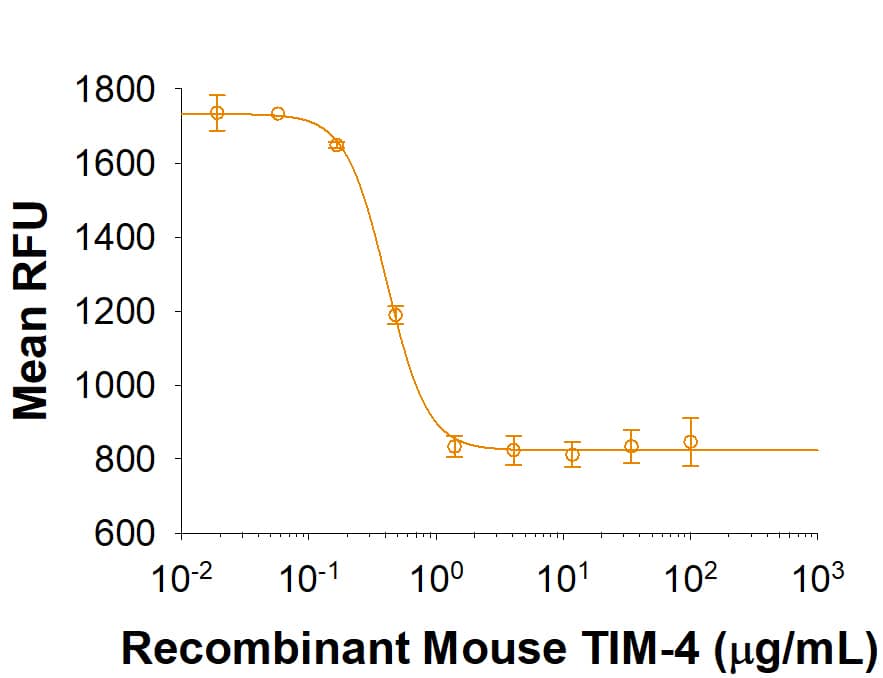 Recombinant Rat TIM-1/KIM-1/HAVCR (Catalog # 3689-TM) inhibits anti-CD3-induced proliferation of stimulated human T cells. Human T cells cultured for 72 hours with PHA were incubated for an additional 3 days in 96 well plates coated with 500 ng/mL anti‑CD3 and Recombinant Rat TIM-1/KIM-1/HAVCR. The ED50 for this effect is 0.4‑2 µg/mL.