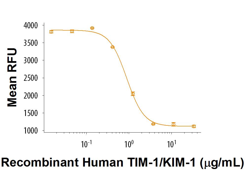 Recombinant Human TIM‑1/KIM‑1/HAVCR Fc Chimera (Catalog # 9319-TM) inhibits anti-CD3-induced proliferation of PHA-activated human T cells. The ED50 for this effect is 0.6-3.6 μg/mL.