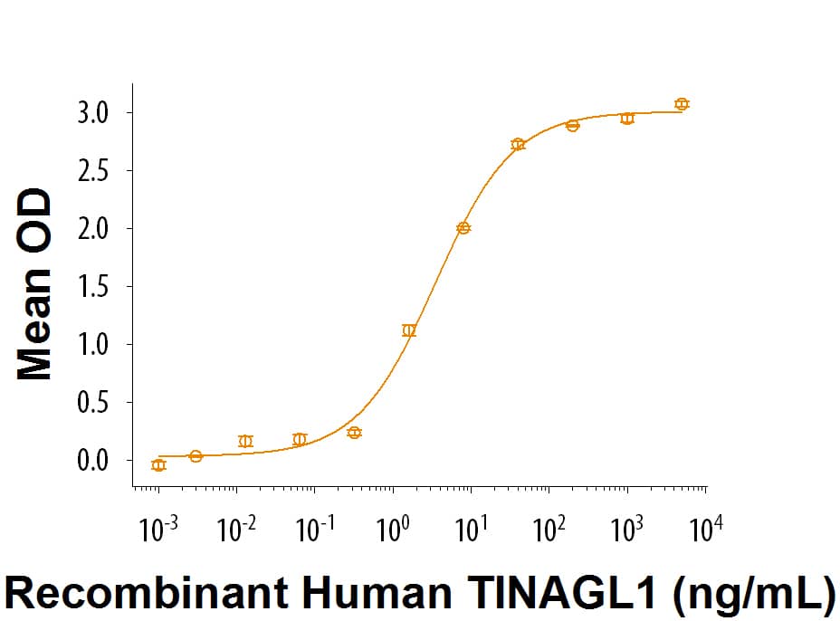 When Cultrex Mouse Laminin I (Catalog # 3400-010-01) is coated at 5 µg/mL, Recombinant Human TINAGL1 (Catalog # 9304-TU) binds with an ED50 = 1-6 ng/mL.