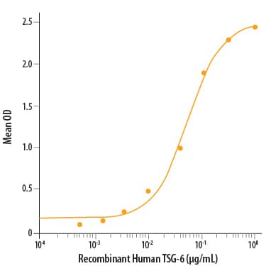 Recombinant Human TSG-6 (Catalog # 2104-TS) binds hyaluronan in a functional ELISA. When Recombinant Human TSG-6 is present at 0.5 µg/mL, the concentration of biotinylated hyaluronan that produces 50% of the optimal binding response is approximately 4-30 ng/mL.