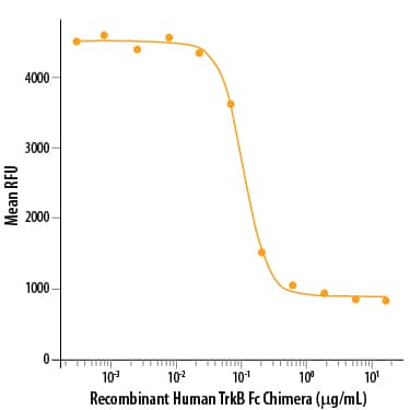 Recombinant Human TrkB Fc Chimera (Catalog # 688-TK) inhibits BDNF-induced cell proliferation of the BaF‑TrkB‑BD mouse pro-B cell line transfected with TrkB. The ED50 for this effect is 0.1-0.4 μg/mL in the presence of 16 ng/mL of recombinant human BDNF.