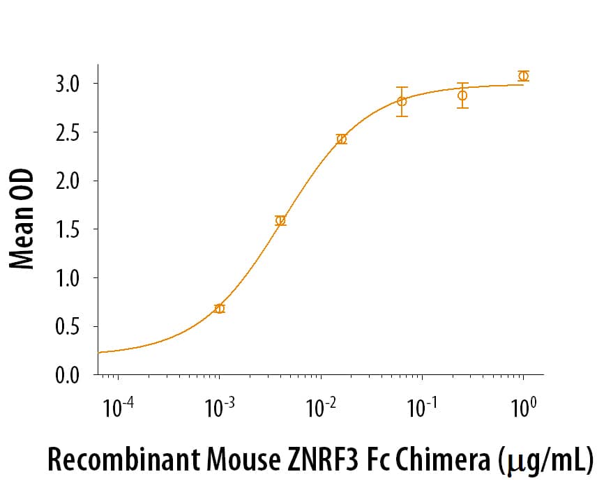When Recombinant Mouse R-Spondin 3 (Catalog # 4120-RS) is coated onto a microplate well at 0.25 µg/mL, Recombinant Mouse ZNRF3 Fc Chimera (Catalog # 8328-RF) binds with an apparent Kd<0.2 nM.