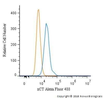 Flow Cytometry: xCT Antibody [Alexa Fluor® 488] [NB300-318AF488] - An intracellular stain was performed on HeLa cells with xCT Antibody NB300-318AF488 (blue) and a matched isotype control (orange). Cells were fixed with 4% PFA and then permeabilized with 0.1% saponin. Cells were incubated in an antibody dilution of 5 ug/mL for 30 minutes at room temperature. Both antibodies were conjugated to Alexa Fluor 488.