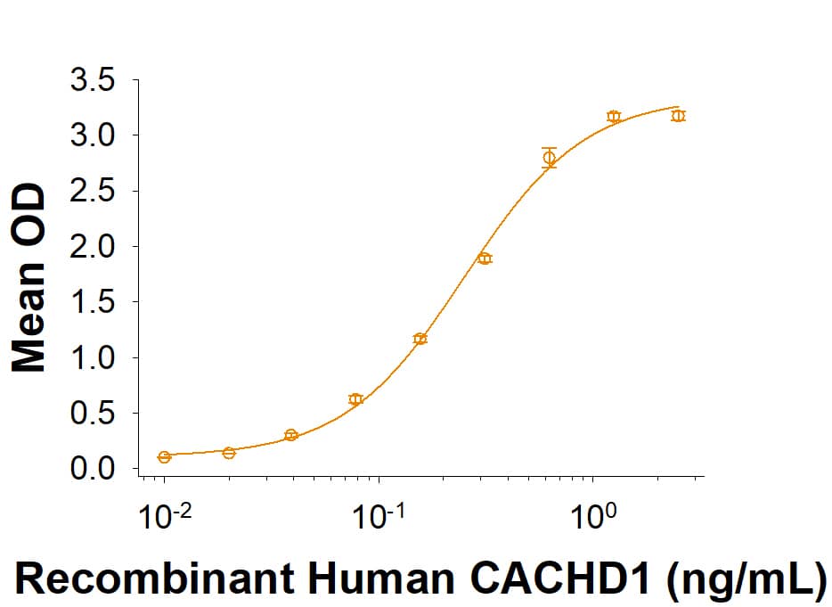 Recombinant Human CACHD1 Fc Chimera (Catalog # 10749-CA) binds Recombinant Human/Mouse Wnt-5a Biotinylated Protein (BT645). The ED50 for this effect is 0.08-0.640 μg/mL.