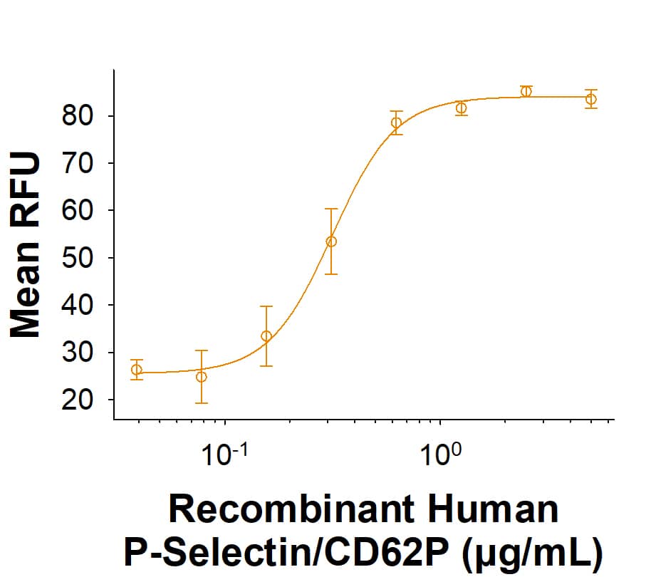 Immobilized Recombinant Human P-Selectin/CD62P His-tag Protein (Catalog # 11035-PS) supports the adhesion of U937 human histiocytic lymphoma cells. The ED50 for this effect is 0.200-1.00 ug/mL.