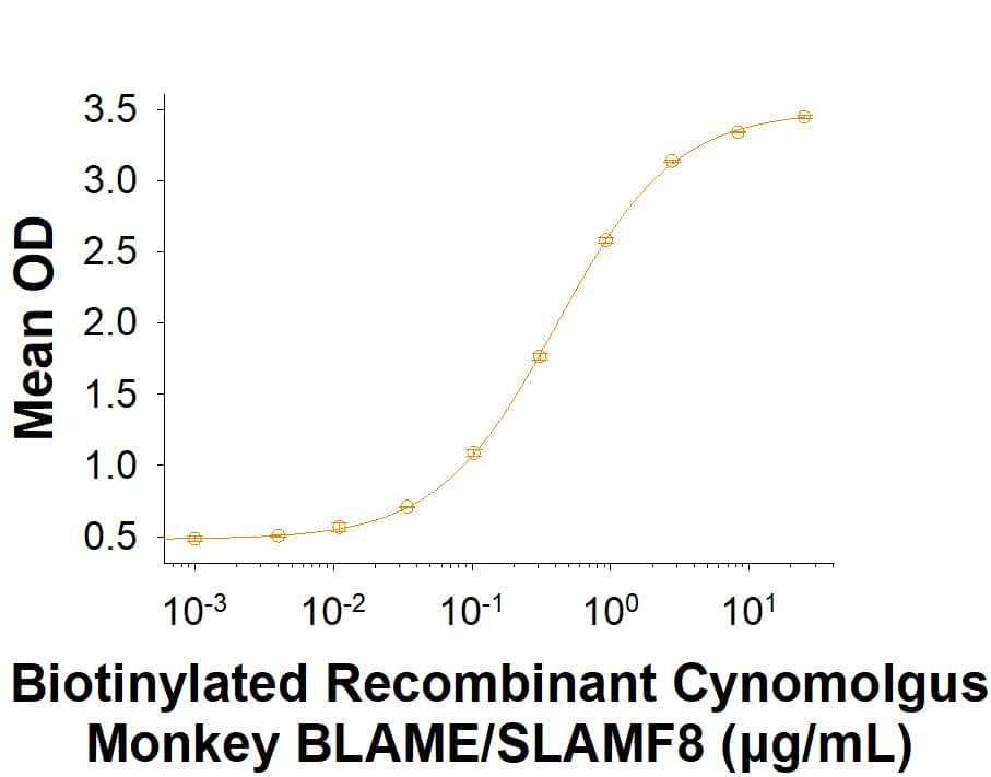 When Recombinant Cynomolgus Monkey BLAME/SLAMF8 Fc Chimera Protein (Catalog # 11100-BL) is immobilized at 1.0 µg/mL (100 µL/well), the concentration of Recombinant Cynomolgus Monkey BLAME/SLAMF8 Fc Chimera Biotinylated Protein that produces 50% of the optimal binding response is 0.200-2.00 μg/mL.