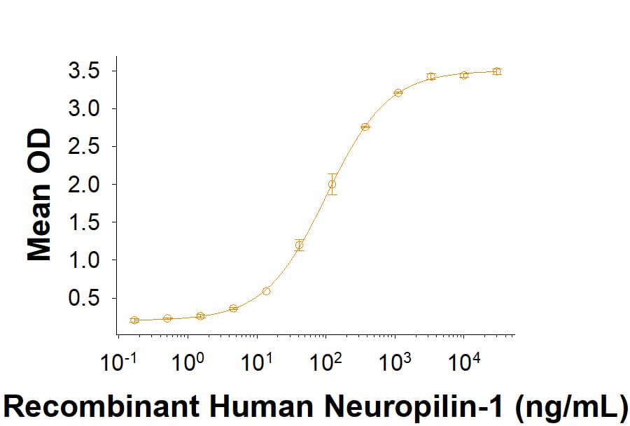 Recombinant SARS-CoV-2 Spike WT (GCN4-IZ) His-tag Protein (Catalog # 11110-CV) binds Recombinant Human Neuropilin-1 Fc Chimera (10455-N1) in a functional ELISA.