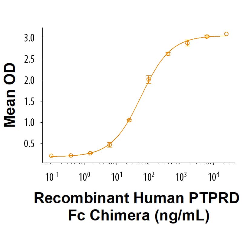 When Recombinant Mouse IL1RAPL2 Fc Chimera Protein (Catalog # 11222-MR) is immobilized at 1 µg/mL (100 µL/well), Recombinant Human PTPRD Fc Chimera Protein (9995-PR) binds with an ED50 of 20.0-240 ng/mL.