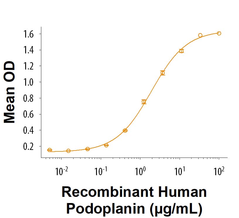 When Recombinant Human CD177 Fc Chimera Protein (Catalog # 11238-CD) is immobilized at 1 µg/mL (100 µL/well), Recombinant Human Podoplanin Fc Chimera Protein (3670-PL) binds with an ED50 of 0.600-7.20 μg/mL.