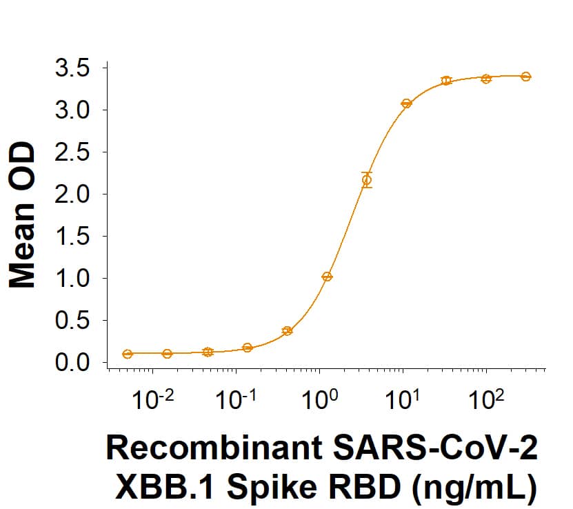 Recombinant SARS-CoV-2 XBB.1 Spike RBD His-tag Protein (Catalog # 11330-CV) binds Recombinant Human ACE-2 Fc Chimera (10544-ZN) in a functional ELISA.