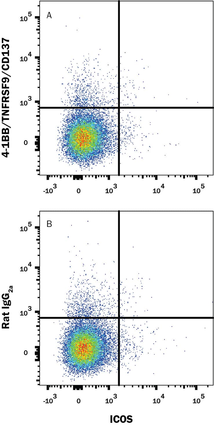 Resting mouse splenocytes were stained with Rat Anti-Mouse ICOS APC-conjugated Monoclonal Antibody (Catalog # FAB168A) and either (A) Rat Anti-Mouse 4-1BB/TNFRSF9/CD137 PE-conjugated Monoclonal Antibody (Catalog # FAB937P) or (B) Rat IgG2APhycoerythrin Isotype Control (Catalog # IC006P). View our protocol for Staining Membrane-associated Proteins.