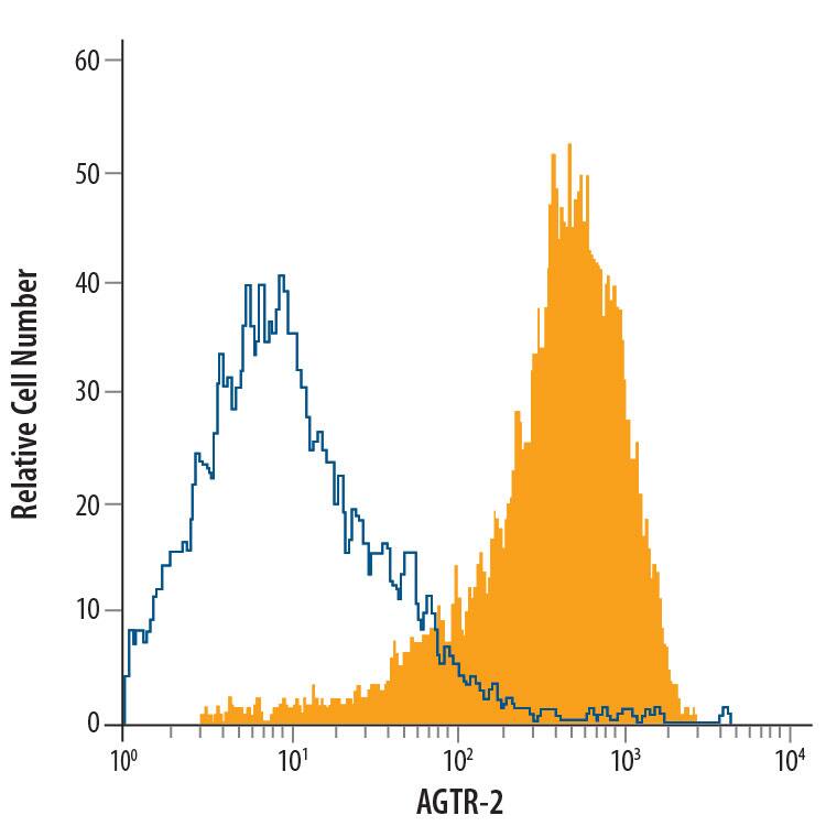 NS0 mouse myeloma cell line transfected with AGTR-2 was stained with Mouse Anti-Human AGTR-2 PE-conjugated Monoclonal Antibody (Catalog # FAB3659P, filled histogram) or isotype control antibody (Catalog # IC0041P, open histogram). View our protocol for Staining Membrane-associated Proteins.