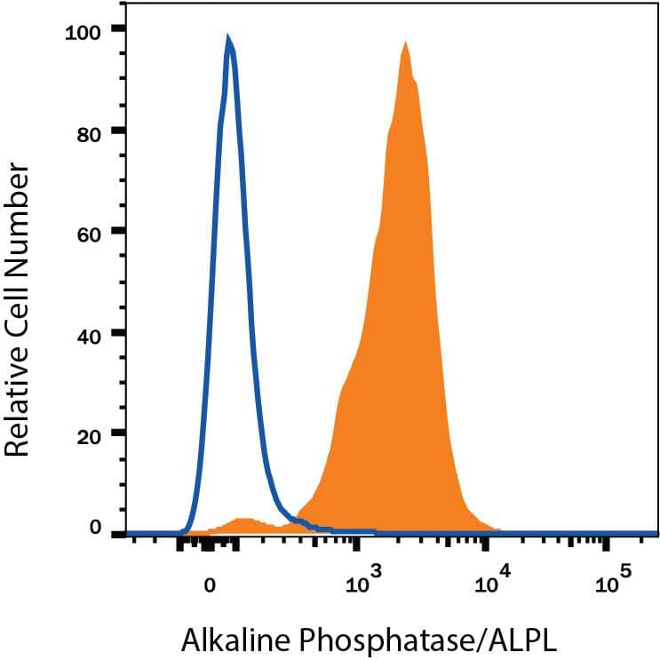 BG01V human embryonic stem cells were stained with Mouse Anti-Human Alkaline Phosphatase/ALPL Alexa Fluor® 700-conjugated Monoclonal Antibody (Catalog # FAB1448N, filled histogram) or isotype control antibody (Catalog # IC002N, open histogram). View our protocol for Staining Membrane-associated Proteins.