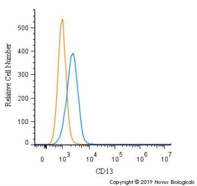 Flow Cytometry: Aminopeptidase N/CD13 Antibody [NBP2-77451] - A surface stain was performed on THP-1 cells with CD13 Antibody NBP2-77451 (blue) and a matched isotype control (orange).  Cells were incubated in an antibody dilution of 2.5 ug/mL for 20 minutes at room temperature, followed by Rabbit IgG (H+L) Cross-Adsorbed Secondary Antibody, Dylight 550.