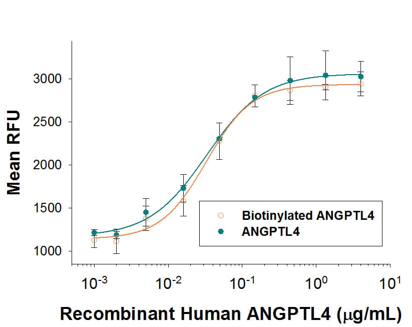 Both Biotinylated recombinant human (rh) ANGPTL4     (Catalog # BT8249)  and unlabeled rhANGPTL4     (Catalog #  8249-AN)  stimulate the expansion of E16-E18 rat liver mononuclear cells in vitro, in the presence of recombinant mouse (rm) SCF     (Catalog #  455-MC), rmTpo     (Catalog #  488-TO), and rmFlt-3L     (Catalog #  427-FL). The ED50 for this effect is 25-125 ng/mL in the presence of a cross-linking antibody, His Tag MAb     (Catalog #  MAB050). The similarity in activity highlights that the biotinylated protein is fully functional.