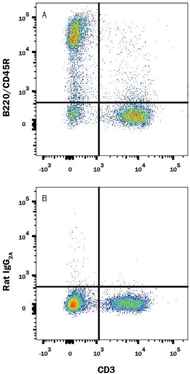 Mouse splenocytes were stained with Rat Anti-Mouse CD3 APC‑conjugated Monoclonal Antibody (Catalog # FAB4841A) and either (A) Rat Anti-Mouse B220/CD45R PE‑conjugated Monoclonal Antibody (Catalog # FAB1217P) or (B) Rat IgG2APhycoerythrin Isotype Control (Catalog # IC006P). View our protocol for Staining Membrane-associated Proteins.