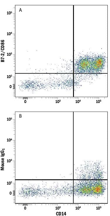 Human peripheral blood mononuclear cells (PBMCs) were stained with Mouse Anti-Human CD14 PE-conjugated Monoclonal Antibody (Catalog # FAB3832P) and either (A) Mouse Anti-Human B7-2/CD86 Alexa Fluor® 700-conjugated Monoclonal Antibody (Catalog # FAB141N) or (B) Mouse IgG1Alexa Fluor 700 Isotype Control (Catalog # IC002N). View our protocol for Staining Membrane-associated Proteins.