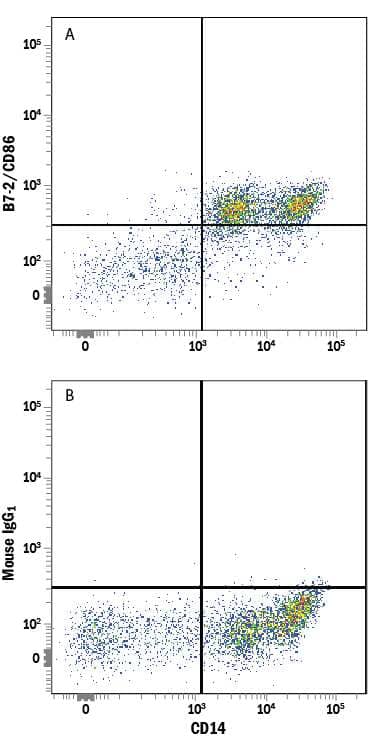 Human peripheral blood mononuclear cells (PBMCs) were stained with Mouse Anti-Human CD14 APC-conjugated Monoclonal Antibody (Catalog # FAB3832A) and either (A) Mouse Anti-Human B7-2/CD86 Alexa Fluor® 594-conjugated Monoclonal Antibody (Catalog # FAB141T) or (B) Mouse IgG1Alexa Fluor 594 Isotype Control (Catalog # IC002T). View our protocol for Staining Membrane-associated Proteins.