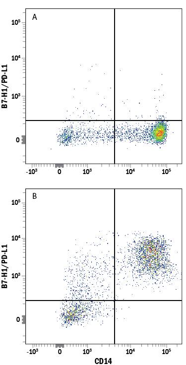Human peripheral blood mononuclear cells (PBMCs) (A) resting or (B) treated with 1 µg/mL LPS overnight were stained with Mouse Anti-Human CD14 PE-conjugated Monoclonal Antibody (FAB3832P) and Mouse Anti-Human B7-H1/PD-L1 Alexa Fluor® 700-conjugated Monoclonal Antibody (Catalog # FAB1561N). Quadrant markers were set based on control antibody staining (IC002N). View our protocol for Staining Membrane-associated Proteins.