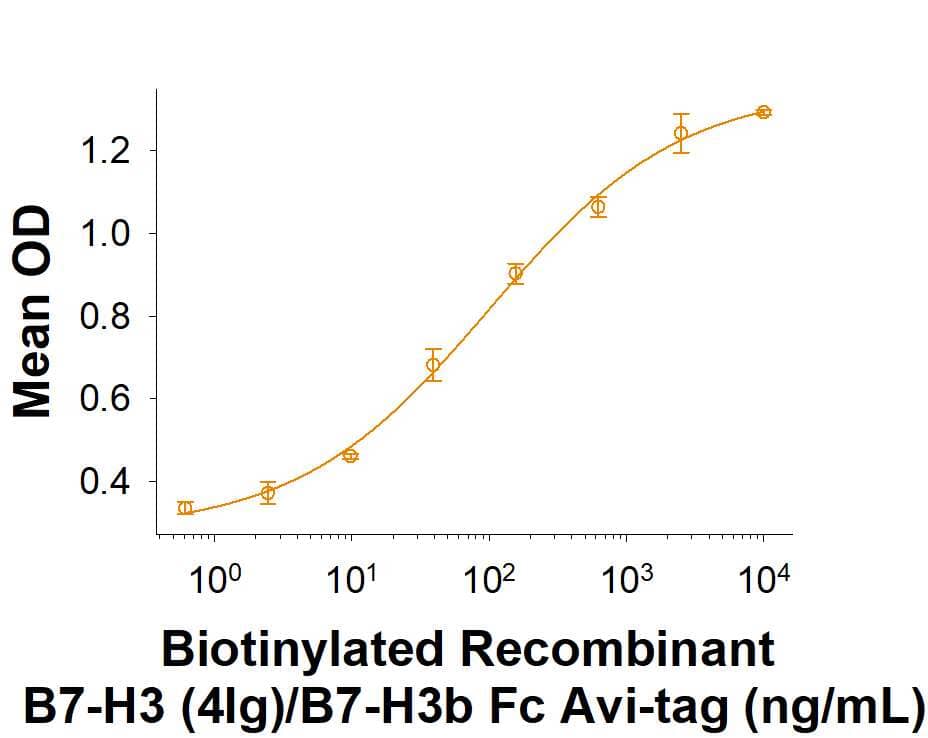 When Human B7-H3 Antibody     (Catalog #   AF1027)  is immobilized at 0.5 μg/mL, 100 μg/mL, the concentration of Biotinylated Recombinant B7-H3 (4Ig)/B7-H3b Fc Chimera Avi-tag (Catalog # AVI10381) that produces 50% the optimal binding response is approximately 30-150 ng/mL.