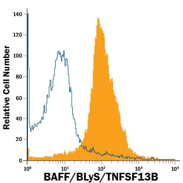 Mouse splenocytes were stained with Rat Anti-Mouse BAFF/BLyS/TNFSF13B APC-conjugated Monoclonal Antibody (Catalog # IC1357A, filled histogram) or isotype control antibody (Catalog # IC006A, open histogram). To facilitate intracellular staining, cells were fixed with Flow Cytometry Fixation Buffer (Catalog # FC004) and permeabilized with Flow Cytometry Permeabilization/Wash Buffer I (Catalog # FC005). View our protocol for Staining Intracellular Molecules.
