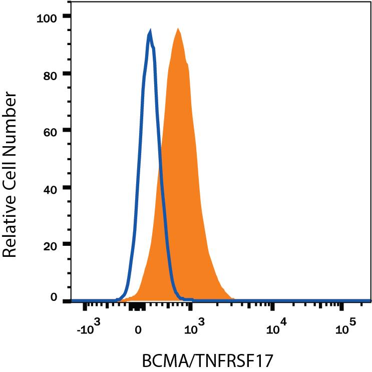RPMI 8226 human multiple myeloma cell line was stained with Goat Anti-Human BCMA/TNFRSF17 APC-conjugated Antigen Affinity-purified Polyclonal Antibody (Catalog # FAB193A, filled histogram) or control antibody (Catalog # IC108A, open histogram). View our protocol for Staining Membrane-associated Proteins.